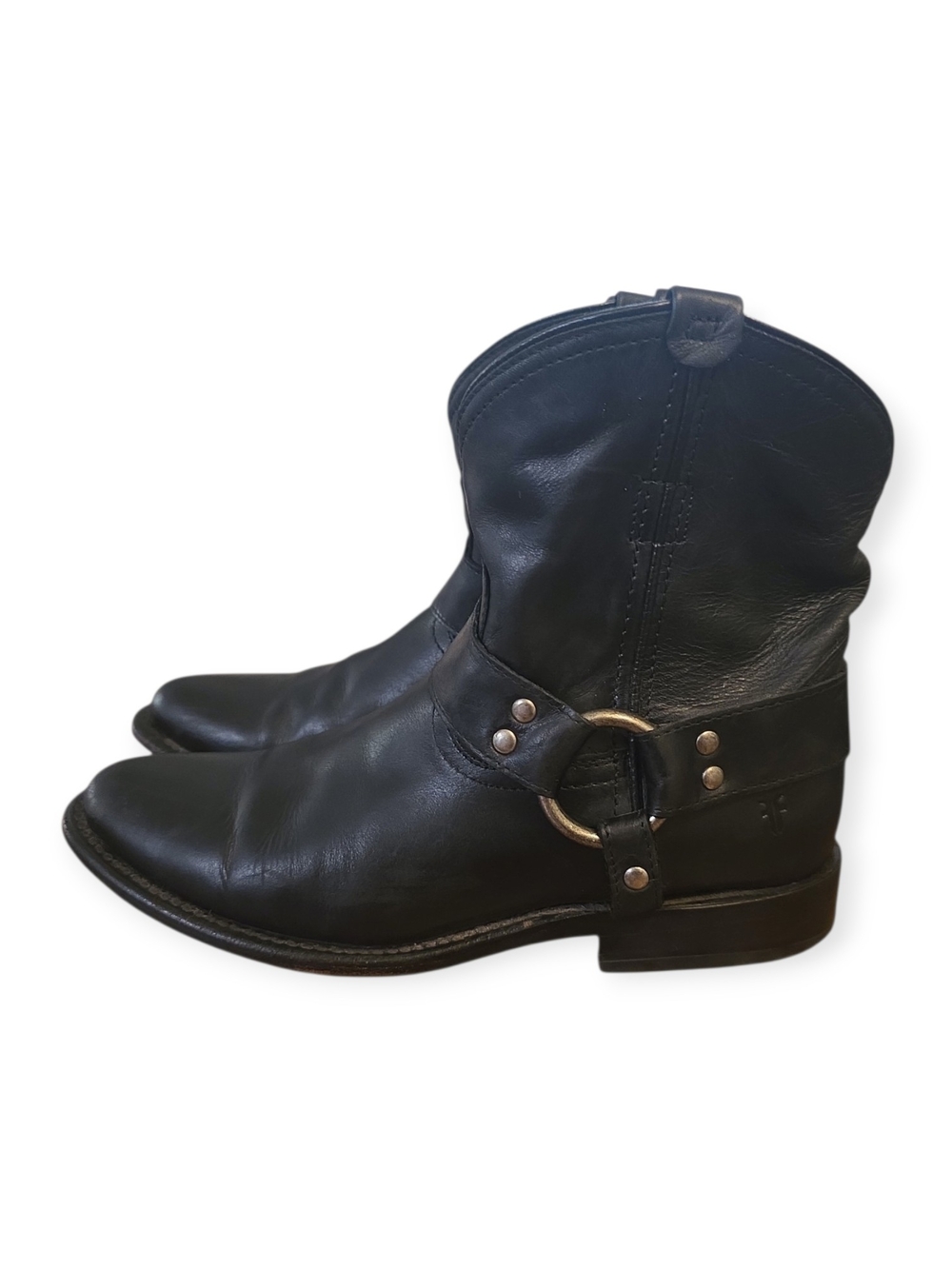 Women's Frye Wyatt Harness Short Boot in black leather, size 6.5